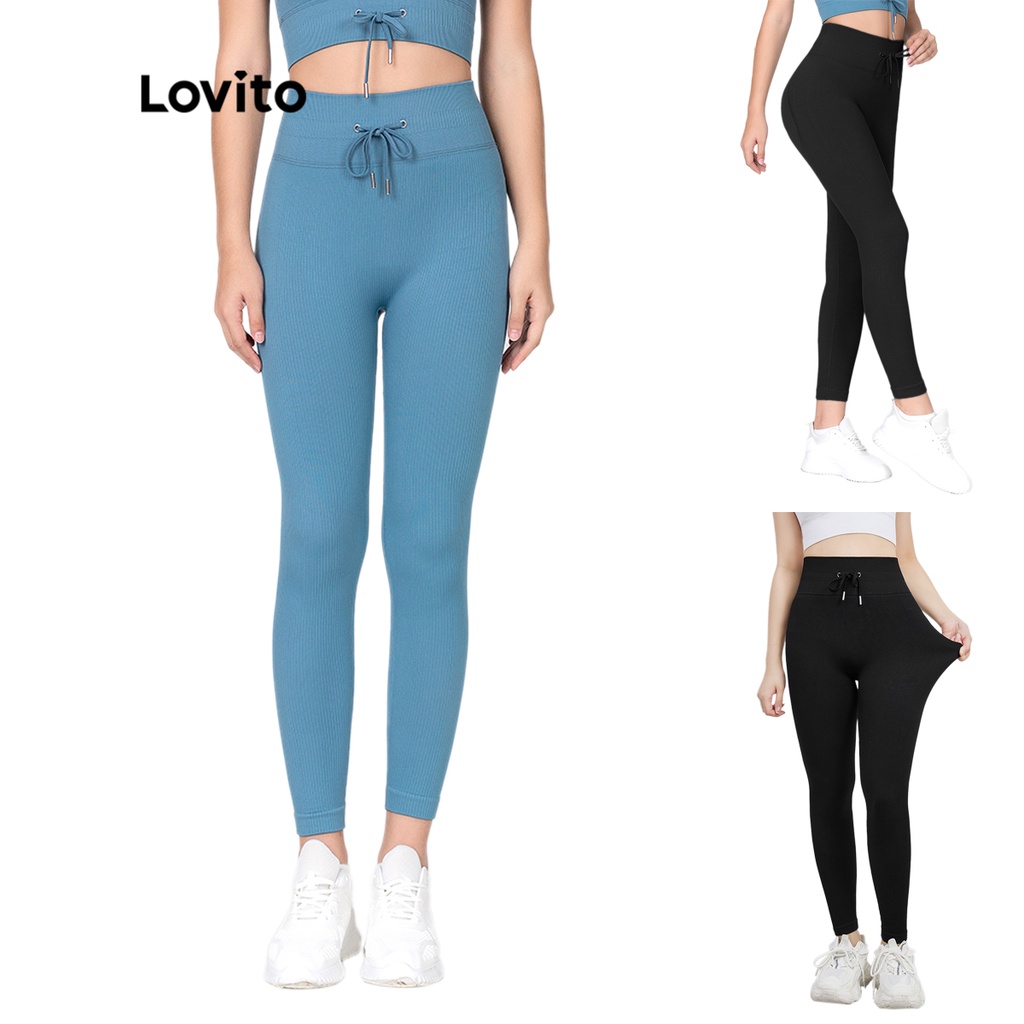 Quần legging Lovito phong cách thể thao màu trơn thoải mái nhanh khô cơ bản L06156 (màu xanh dương)
