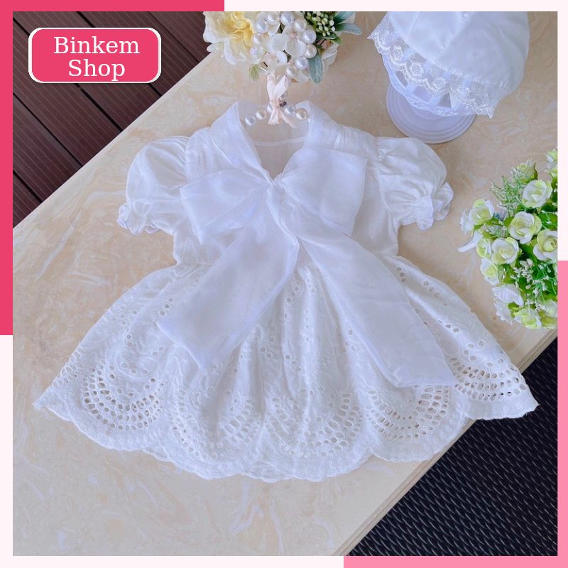 Body ren trắng mặc thôi nôi đầy tháng cho bé gái 4-12kg kèm mũ phụ kiện