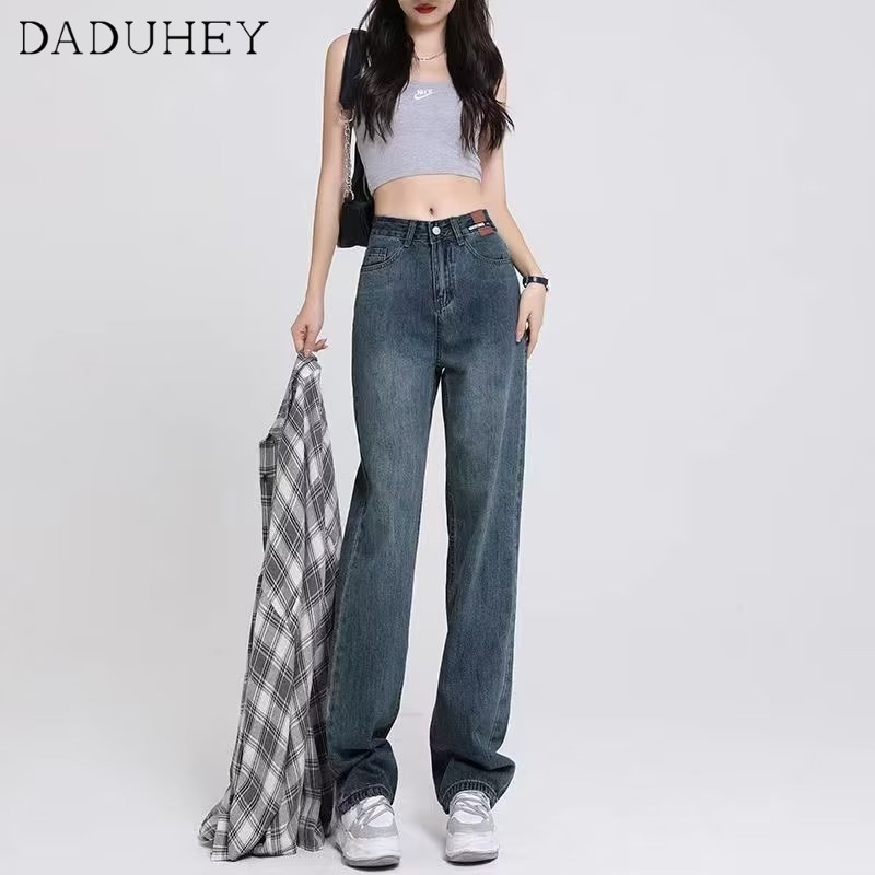 DaDuHey Quần jean lưng cao dáng rộng phong cách retro thời trang Hàn Quốc cá tính cho nữ