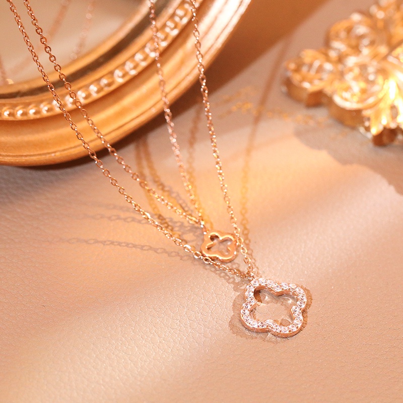 Dây Chuyền Hai Lớp Mạ Vàng 14K Mặt Hoa Đính Đá Zircon Phong Cách Hàn Quốc