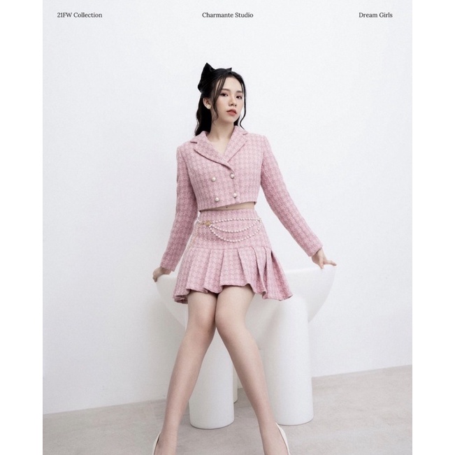 Set vest chân váy tweed hồng Charmante Studio