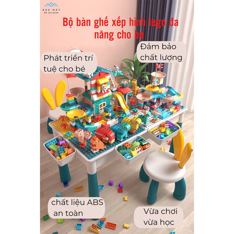Bàn xếp hình bàn lắp ghép lego đa chức năng cao cấp nhiều chi tiết cho bé kèm ghế. Đồ chơi phát triển trí tuệ cho bé