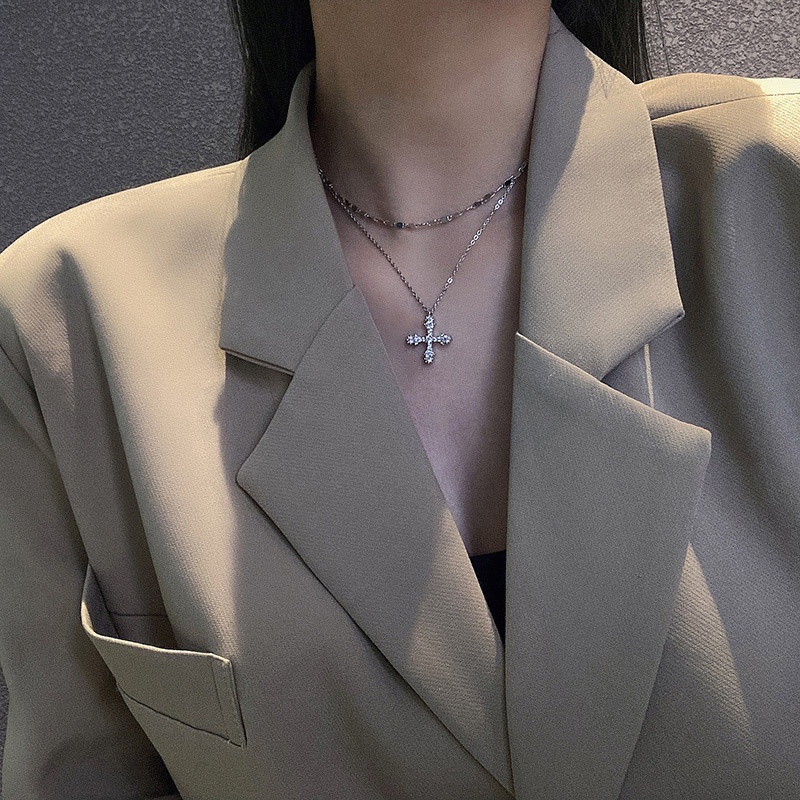 Vòng Cổ Choker Bằng Titan Mặt Thánh Giá Đính Kim Cương Nhân Tạo Phong Cách Mới Cho Nữ