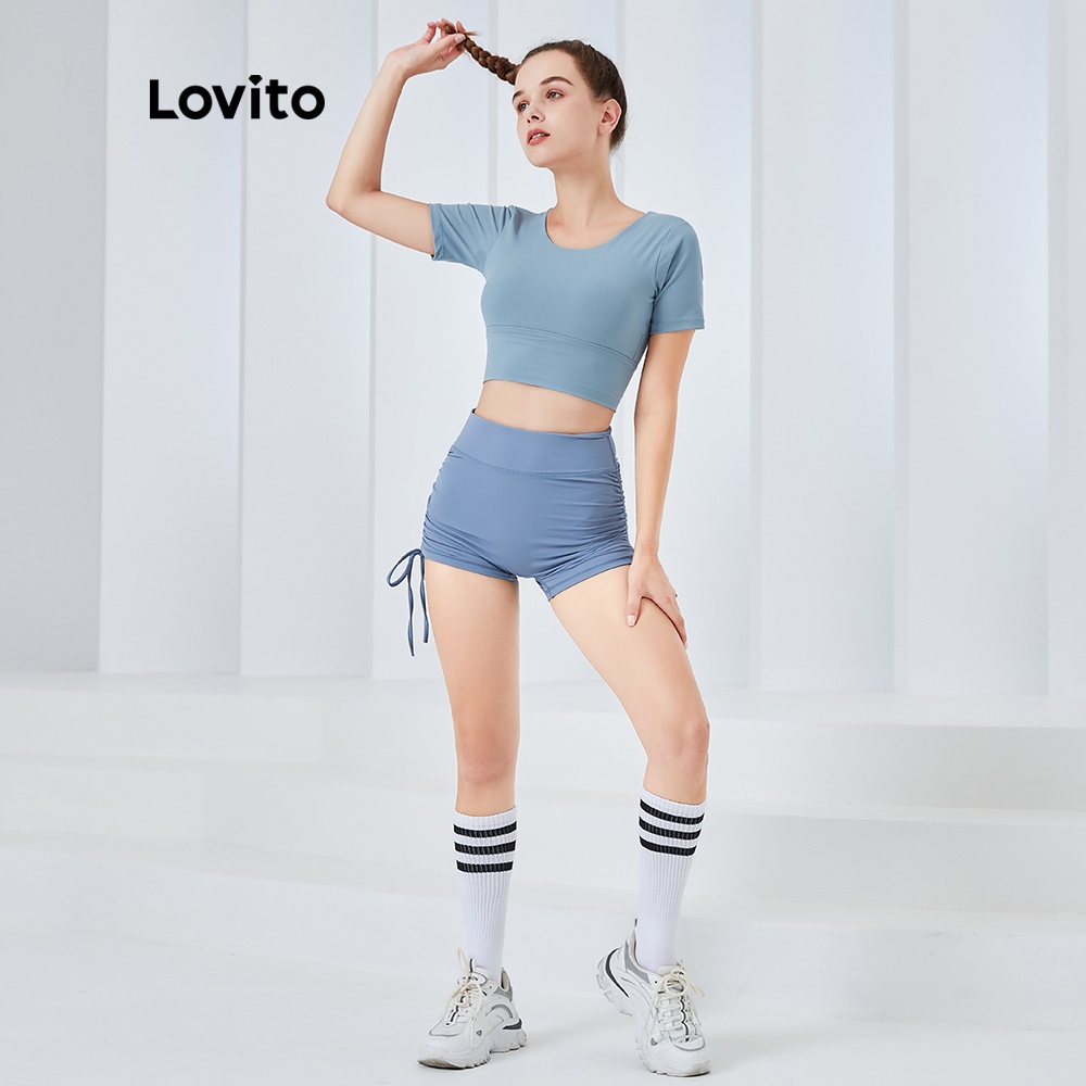 Áo lót thể thao Lovito dáng ôm màu trơn không gọng bao phủ 3/4 ngực dây chéo thoáng khí L04007 (xanh dương）