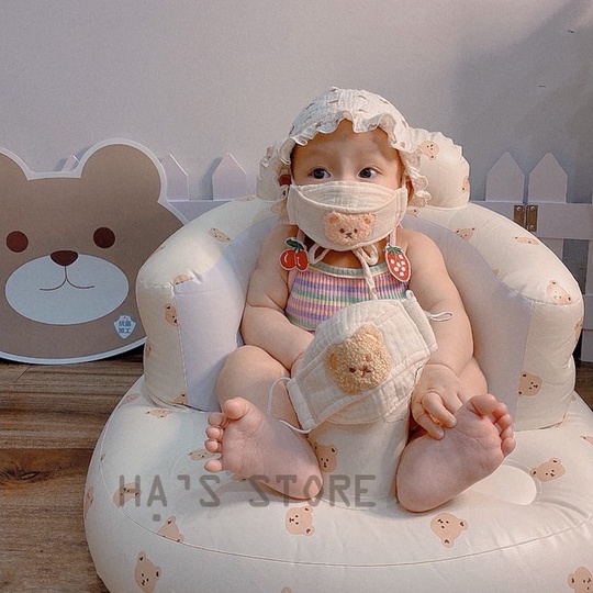 Khẩu trang muslin handmade hình gấu thêu cute chống nắng tái sử dụng nhiều lần an toàn cho bé