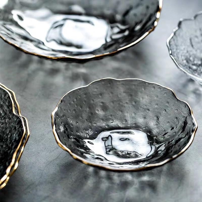 Đĩa thủy tinh cao cấp ghi xám đen viền vàng,để hoa quả,salad,bánh kẹo