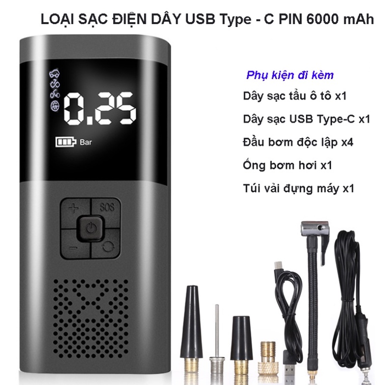 Máy Bơm Lốp Xe Ô Tô, Xe Máy Điện Tử Không Dây, Tự Ngắt, 6000 mAh CÔNG SUẤT 120W ÁP 150 PSI – Bảo Hành 12 Tháng