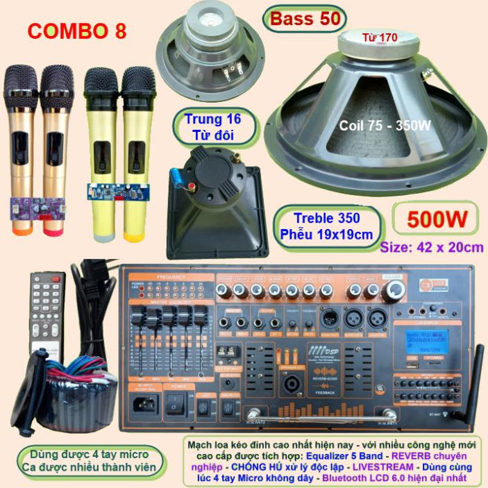 Mạch loa kéo 5 tấc đơn 500W Reverb chống hú DSP Livestream Equalizer 5 Band  kèm 4 tay Micro