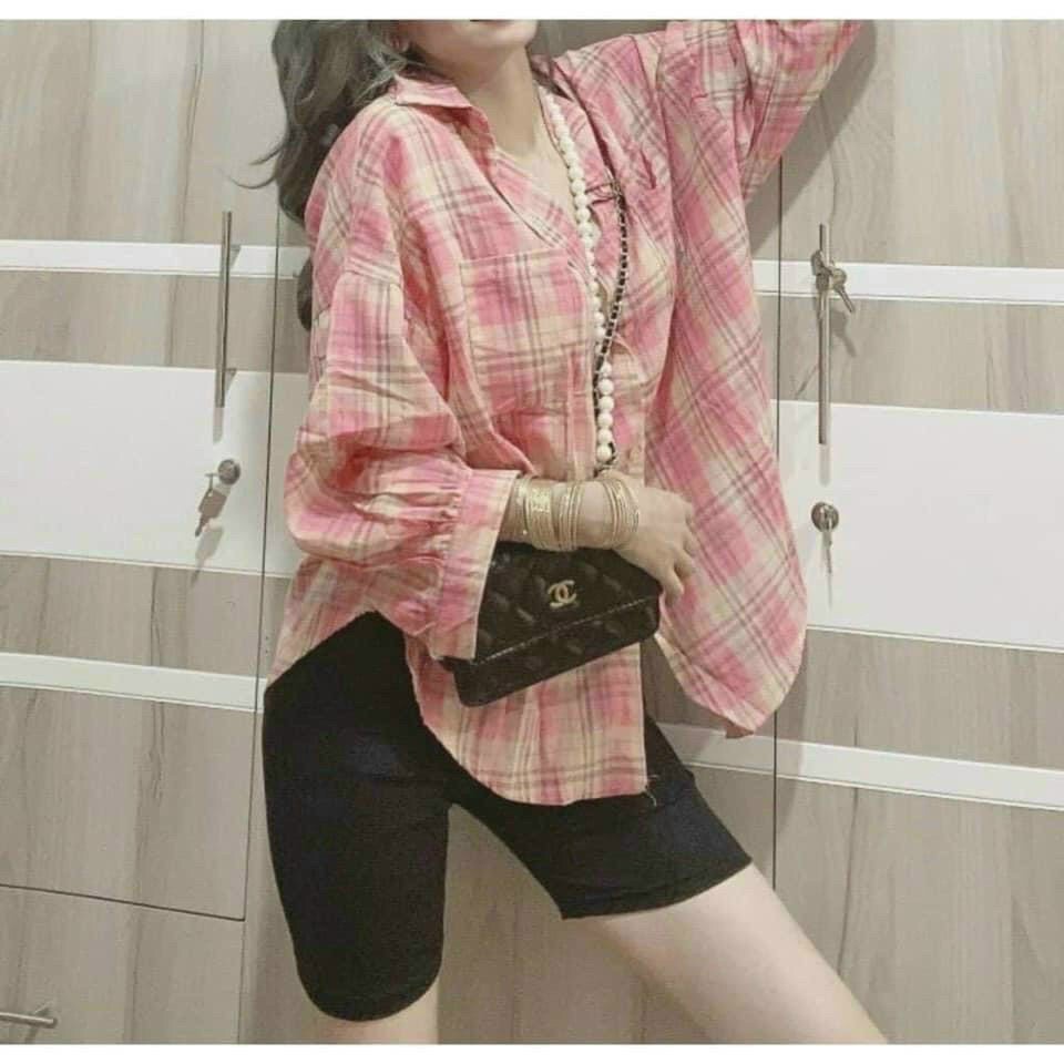 (FreeShip) Sét Bộ Caro Lửng,Aó Sơ Mi Tay Dài Phồng Có Túi Mix Quần Legging,Phong Cách Trẻ Trung cá Tính