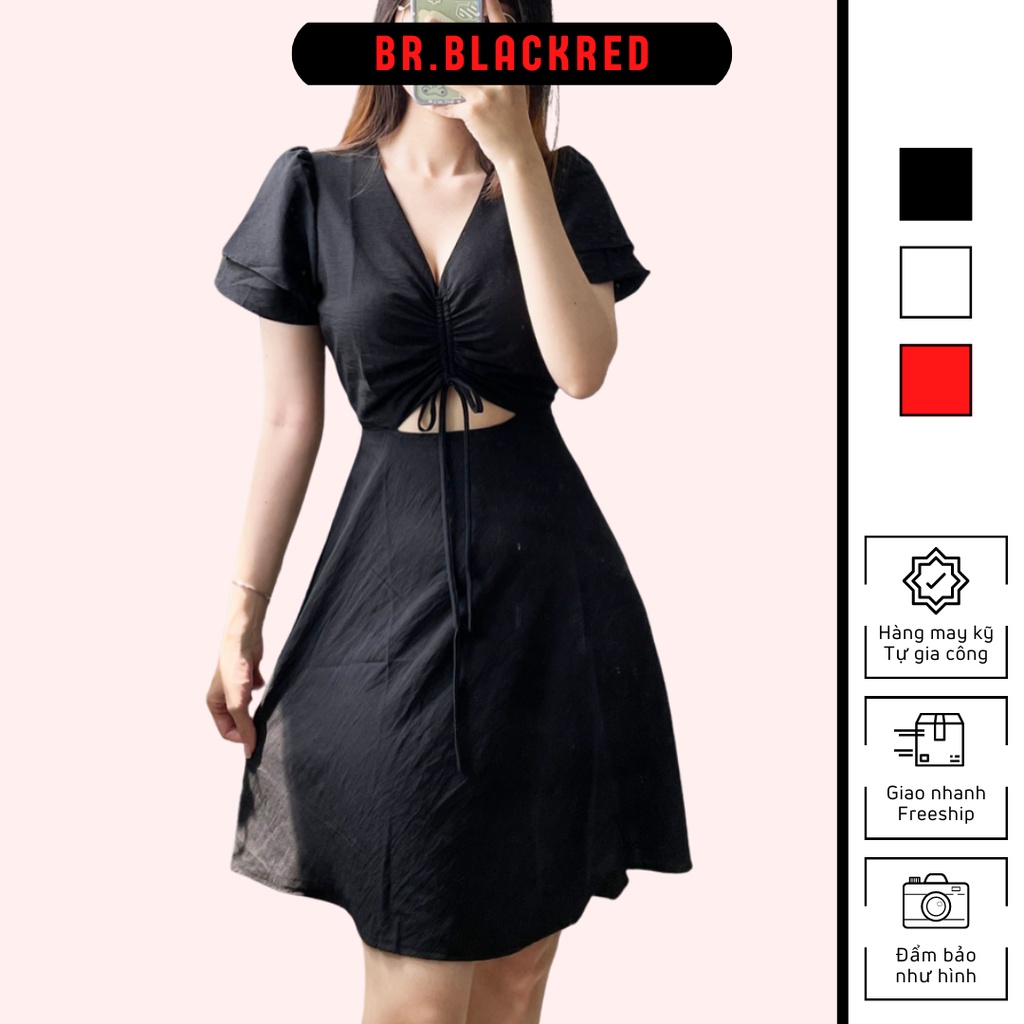 Đầm khoét eo rút dây ngực BLACKRED đầm xòe tay ngắn 2 tầng xinh xắn