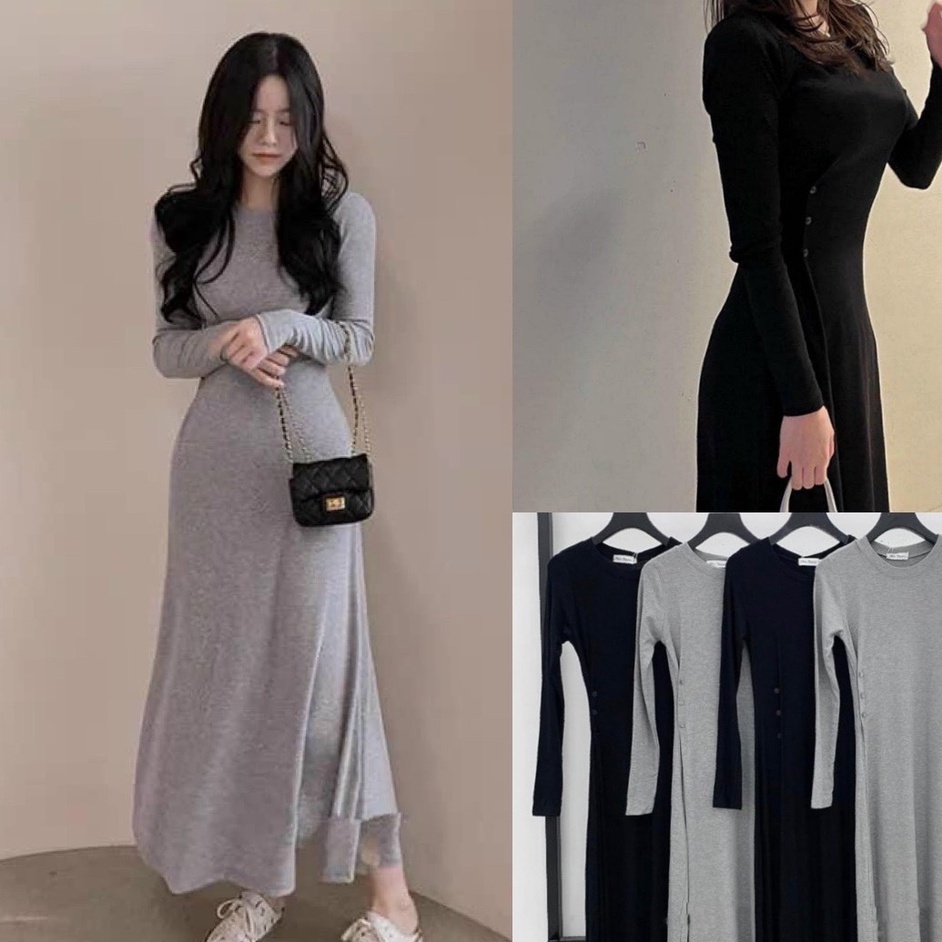 Váy body dáng dài cúc sườn MINA chất cotton đủ size 2 màu ghi trắng v23