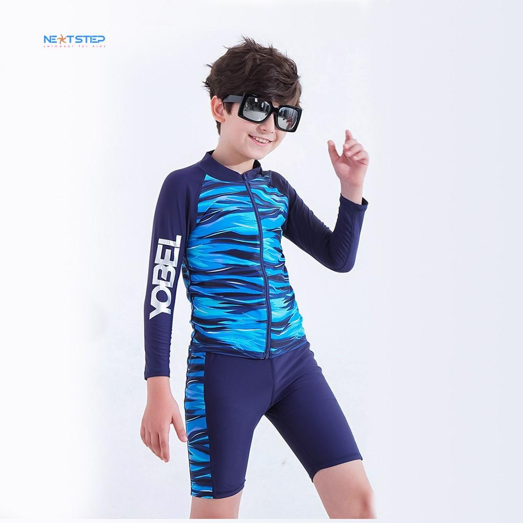 Đồ bơi trẻ em, đồ bơi bé trai tay dài chất vải chống nắng size lớn đến 45kg cho bé trai đến 12 tuổi
