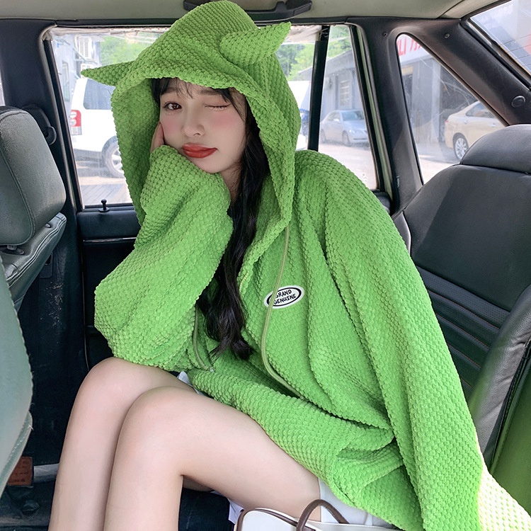 DIDIKA Áo Hoodie Dáng Rộng Có Khóa Kéo Thiết Kế Tai Waffle Thời Trang Thu Đông Phong Cách Mới