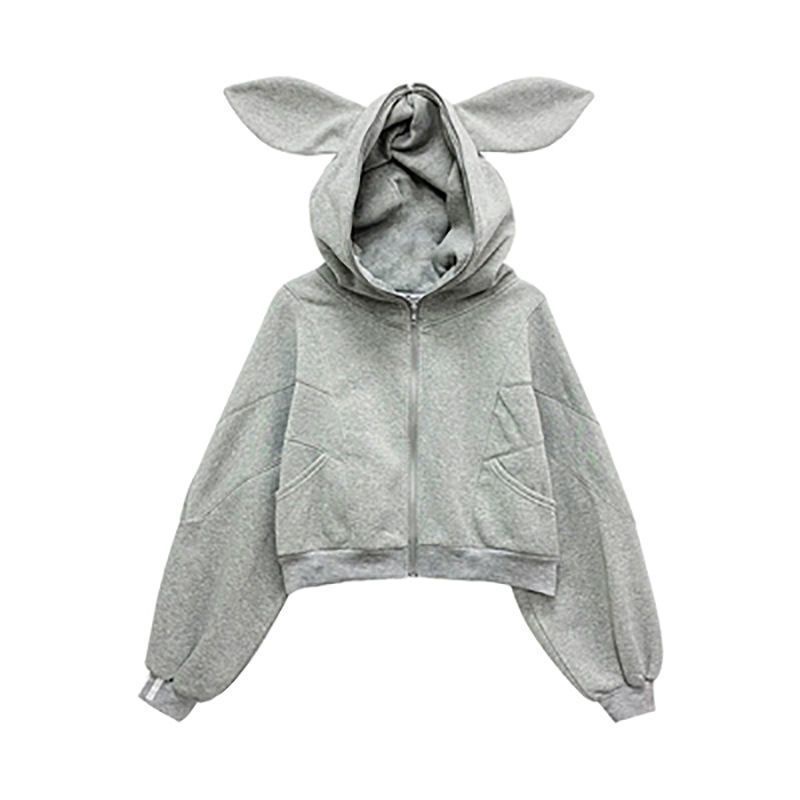 Áo Khoác Hoodie Dày Ngắn Có Khóa Kéo Thiết Kế Tai Thỏ Dễ Thương Phong Cách Preppy Thời Trang Thu Đông