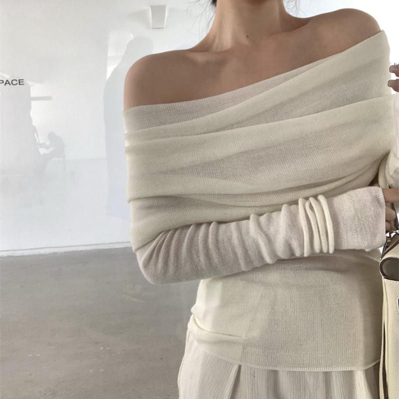 COZOK Áo kiểu COZOK dệt kim tay dài thiết kế trễ vai ôm dáng vừa vặn thời trang dành cho nữ