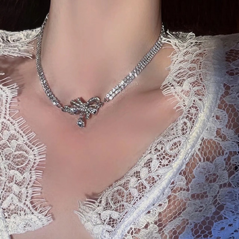 Dây Chuyền Mặt Nơ Đính Đá Phong Cách Hàn Quốc Độc Đáo