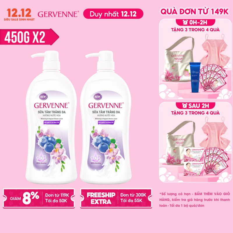 Combo 2 Sữa tắm trắng da hương nước hoa Gervenne Việt Quất và Lan Nam Phi 450g/chai