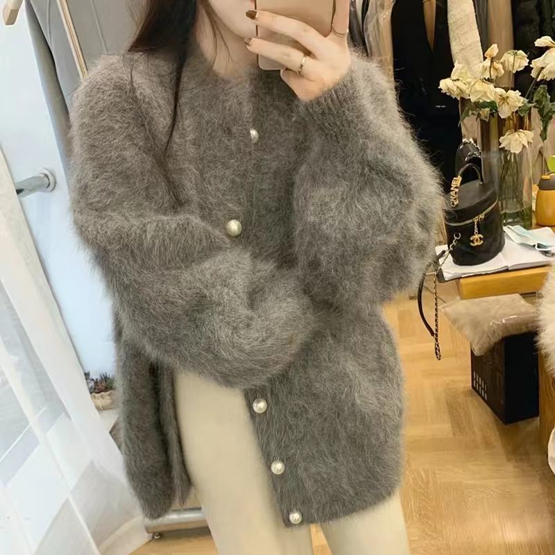 Áo Khoác Cardigan Lông Xù Cổ Tròn Dáng Rộng Màu Xám Thời Trang Thu Đông Mới Cho Nữ