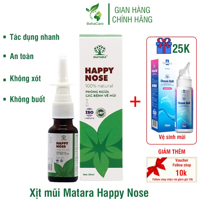 Xịt mũi Matara Happy Nose lọ 20ml nguồn gốc thảo dược tự nhiên, an toàn không gây buốt, xót, hỗ trợ dứt điểm viêm xoang