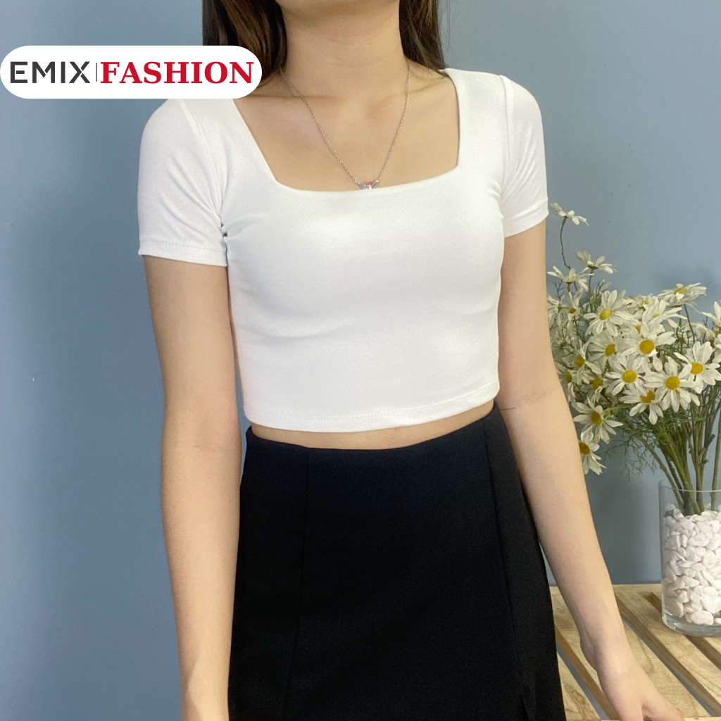 Áo thun nữ croptop cổ vuông EMIX (2 màu), cộc tay, dài 36cm, chất díp siêu co giãn, vải đẹp không lộ Crop205/P2.K6