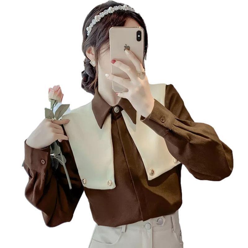 Áo Sơ Mi Tay Dài Cổ POLO Vải Nhung Dày Màu Sắc Tương Phản Thời Trang Thu Đông 2022 Cho Nữ