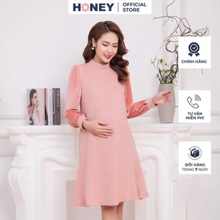 Đầm thiết kế chất dạ tay dài phối nhung mềm - thời trang bà bầu cao cấp honey