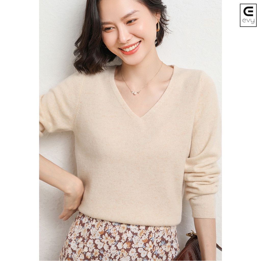 Áo len nữ dài tay, áo len lông cừu cổ V mềm mịn kiểu Hàn Quốc thanh lịch