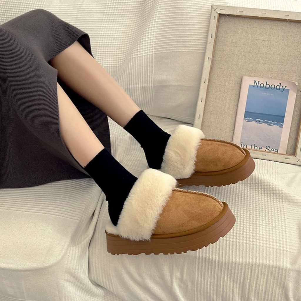 Dép Bông Đế Dày Tăng Chiều Cao Thời Trang Thu Đông Phong Cách Pháp Cho Nữ