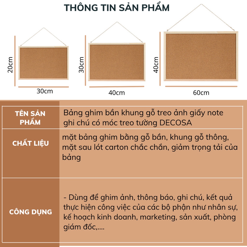 Bảng ghim bần  khung gỗ treo ảnh giấy note ghi chú có móc treo tường