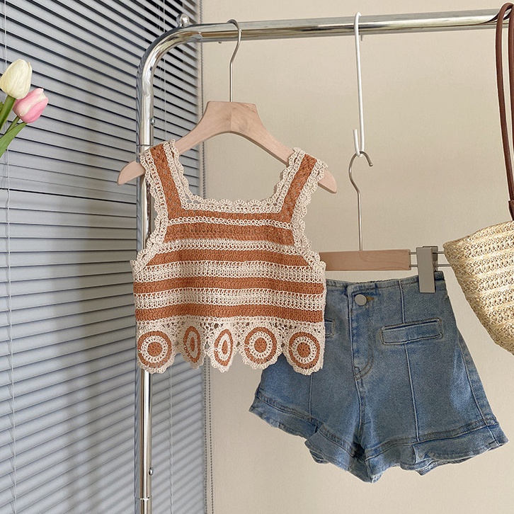 Set Áo Hai Dây Dệt Kim + Quần Short Denim Phong Cách Hàn Quốc Thời Trang Mùa Hè Cho Bé Gái