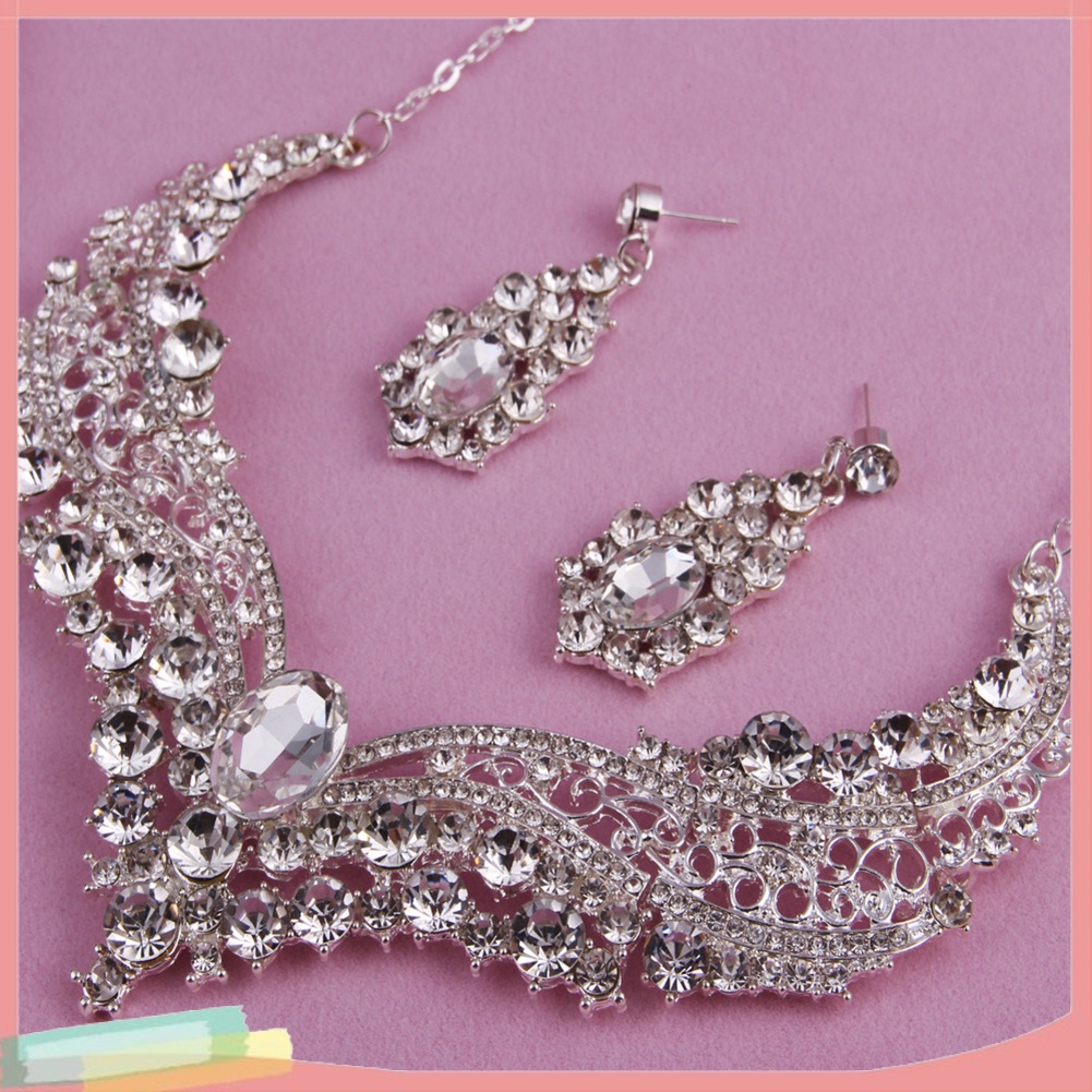 Bộ Vòng cổ + đôi khuyên tai đính kim cương giả lấp lánh thời trang cho nữ