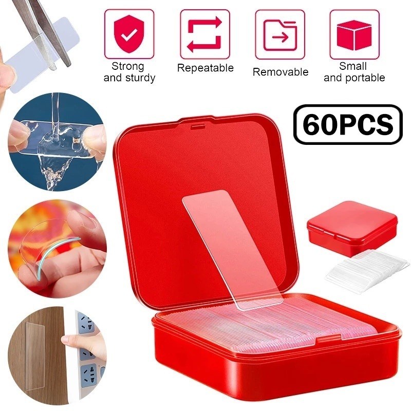 Hộp 60 Miếng Dán Tường Hai Mặt Bằng PVC Trong Suốt Chống Nước Không Để Lại Dấu Vết Có Thể Tháo Gỡ