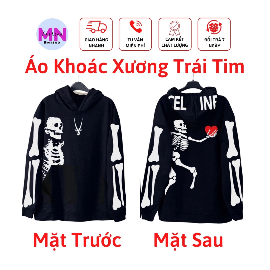 Áo Khoác Hoodie Xương Trái Tim Chất Nỉ Dày Dặn - Áo Hoodie Khóa Kéo Dáng Rộng Nam Nữ