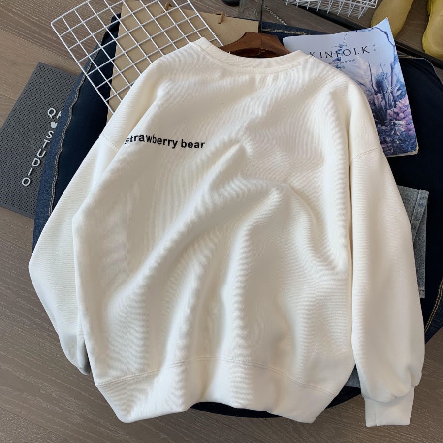 Áo Sweater Cổ Tròn Dày Dặn Thêu Họa Tiết Gấu Và Dâu Tây Phong Cách Hàn Quốc Thời Trang Thu Đông Mới