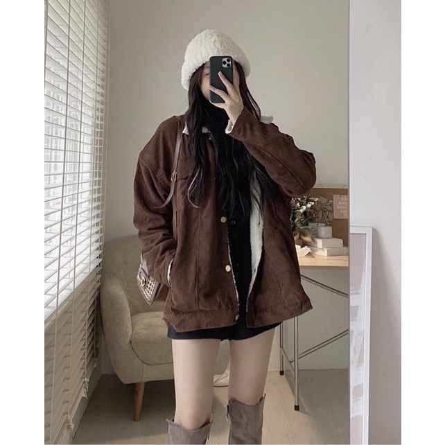 Áo khoác nhung tăm nót lông from rộng over size chất dày dặn 3 màu YANSOO