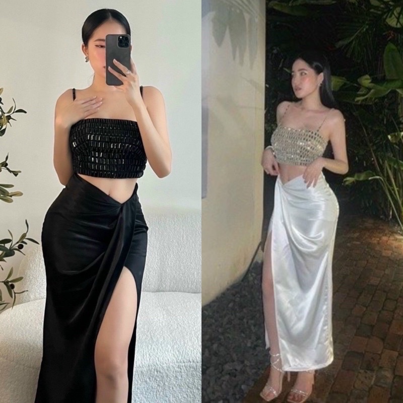 Set áo kiểu đính đá hai dây 2 dây croptop + chân váy phi satin dài xẻ tà xẻ đùi đi tiệc party bar pub club sự kiện event