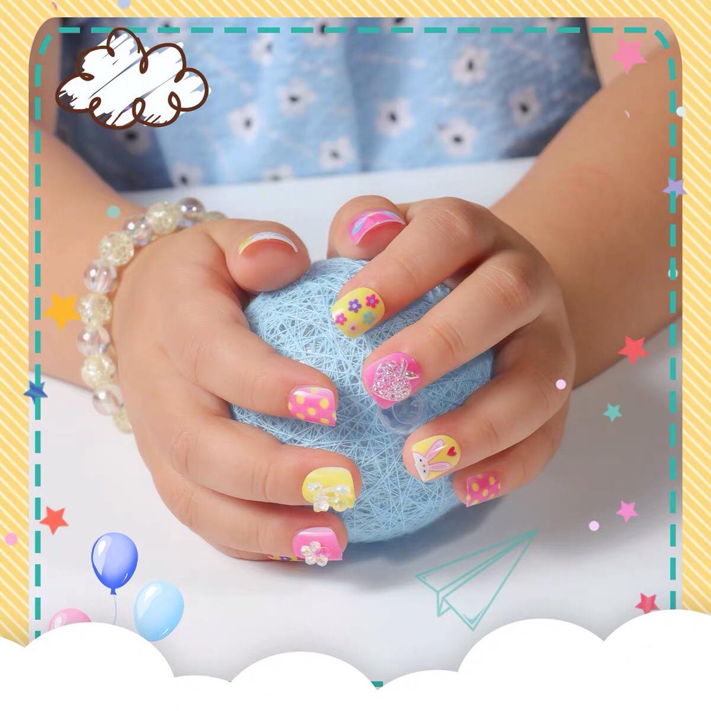 [TẶNG VÒNG] Set 12 Móng Tay Giả Có In Hình Cute Kèm Vòng Tay (Có keo dán sẵn dưới móng) Cho bé gái