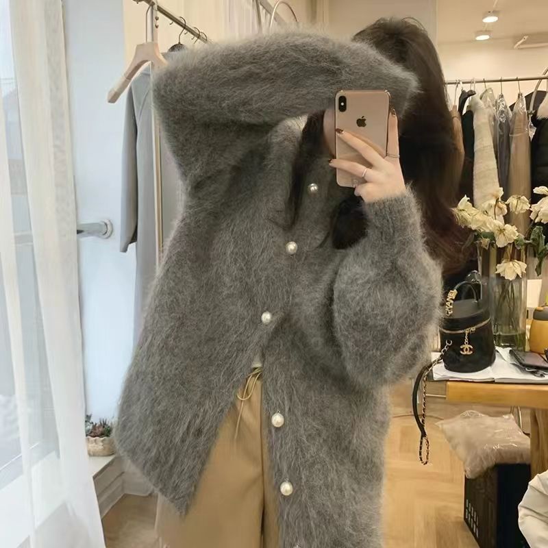 Áo Khoác Cardigan Lông Xù Cổ Tròn Dáng Rộng Màu Xám Thời Trang Thu Đông Mới Cho Nữ