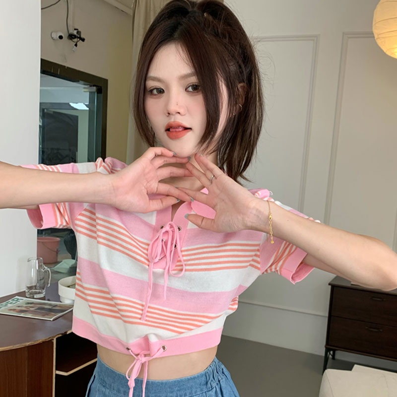 Áo XINLANYASHE ngắn tay họa tiết kẻ sọc màu sắc tương phản thời trang mùa hè cho nữ