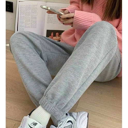 Quần Thể thao nữ ống rộng bo gấu cạp thun chun chất vải nỉ tổ ong dáng dài Quần jogger nữ dây rút mặc ở nhà