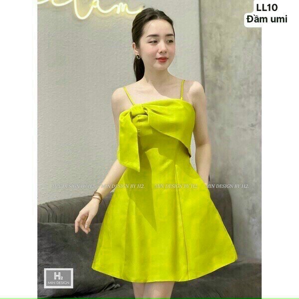 Đầm nơ 2 dây khóa kéo sau chất umi