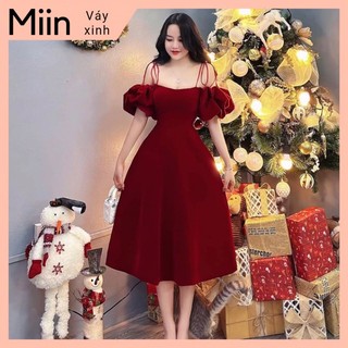 Váy nhung dài phối dây tay bồng nhún ly