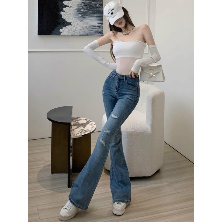 [Bigsize] Quần jean dài nữ màu xanh ống bass mẫu rách hàng co giãn mạnh từ 60-85kg