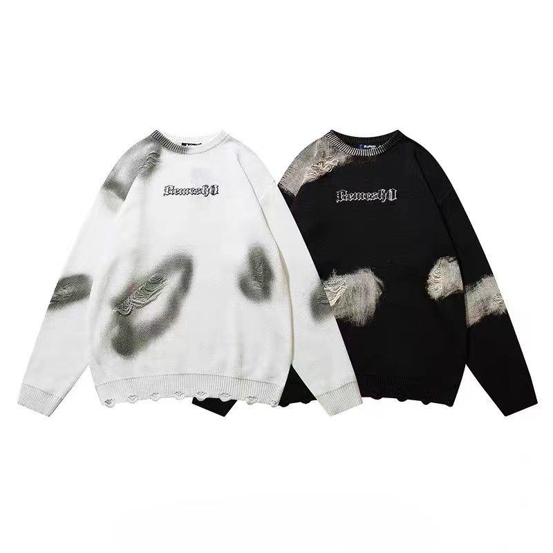 Áo Sweater Dáng Rộng Thiết Kế Xẻ Rách Phong Cách Hip Hop Đường Phố Mỹ Cá Tính