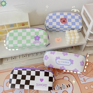 Bóp viết vải canvas cỡ lớn in họa tiết caro dễ thương cho nữ