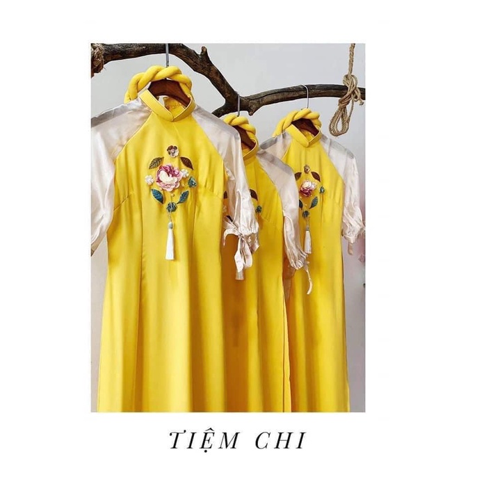 Áo Dài Cách Tân Nữ Dáng Lửng Tay Tơ Lụa Bồng Thân Đính Hoa Lá Cành Đẹp GI021