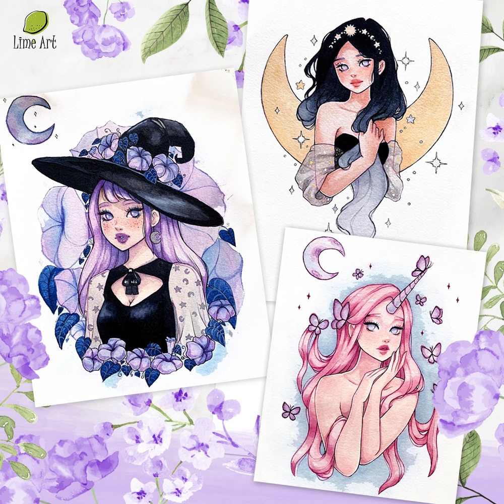 Tranh tô màu nước Tiên và Phù Thủy / họa sĩ Ledahavasi / Line Art / Khổ A6 A5 dày 300gsm