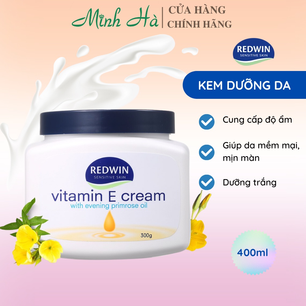 Kem dưỡng da Vitamin E Redwin Cream 300ml giúp cung cấp độ ẩm và nuôi dưỡng làn da mềm mại, mịn màng, tươi sáng