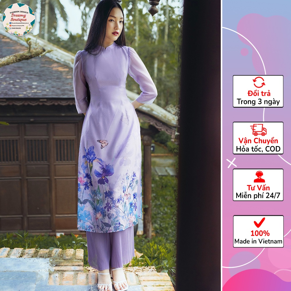 Áo dài Lụa Tơ cao cấp màu Tím Lavender họa tiết - Áo dài cách tân | Dreamy Boutique