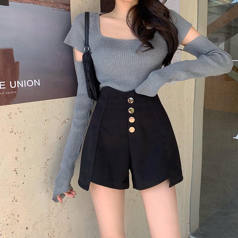 IELGY  IELGY Quần Short Đen Lưng Cao Dáng Chữ a Thời Trang Cho Nữ